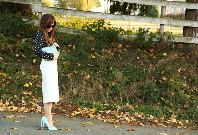 white leather skirt polka dot blouse