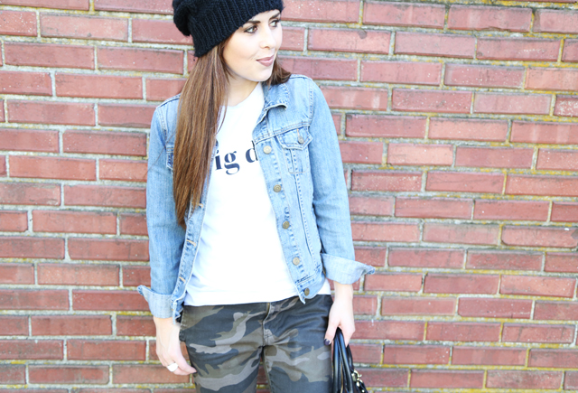 camo, graphic tee, denim and a beanie