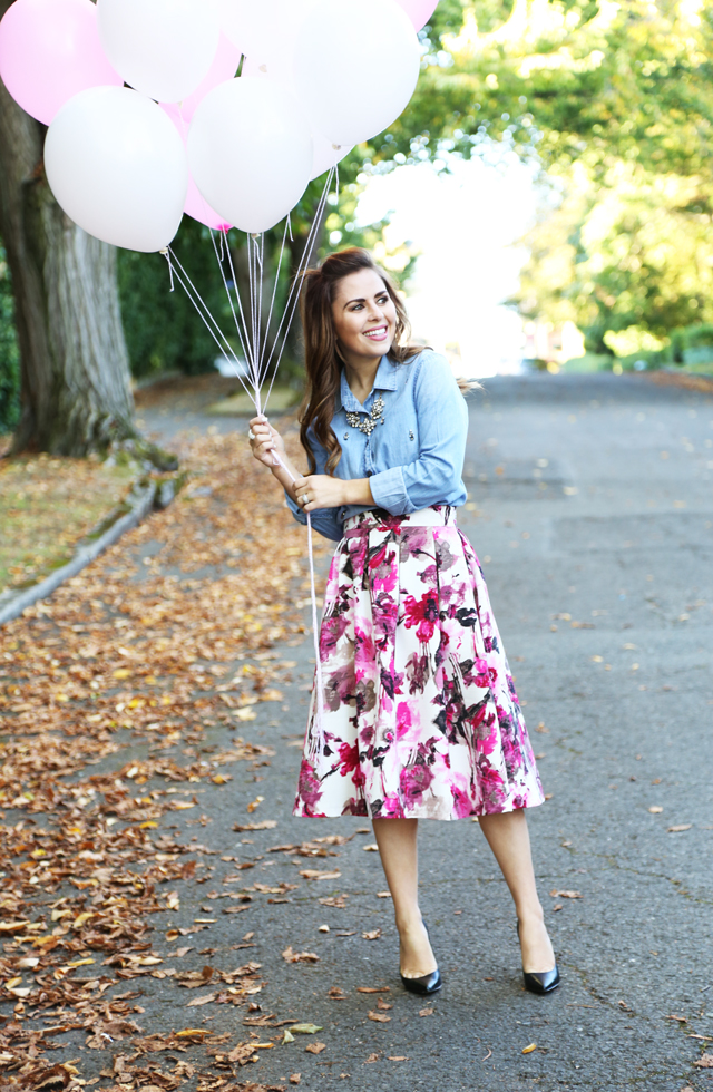 pink floral skirt