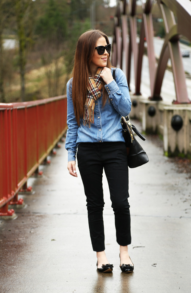 denim shirt black khakis tartan scarf