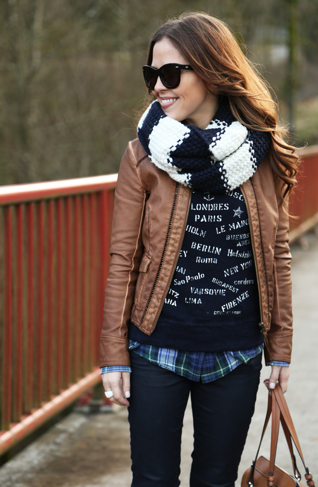 graphic sweatshirt, leather jacket and plaid