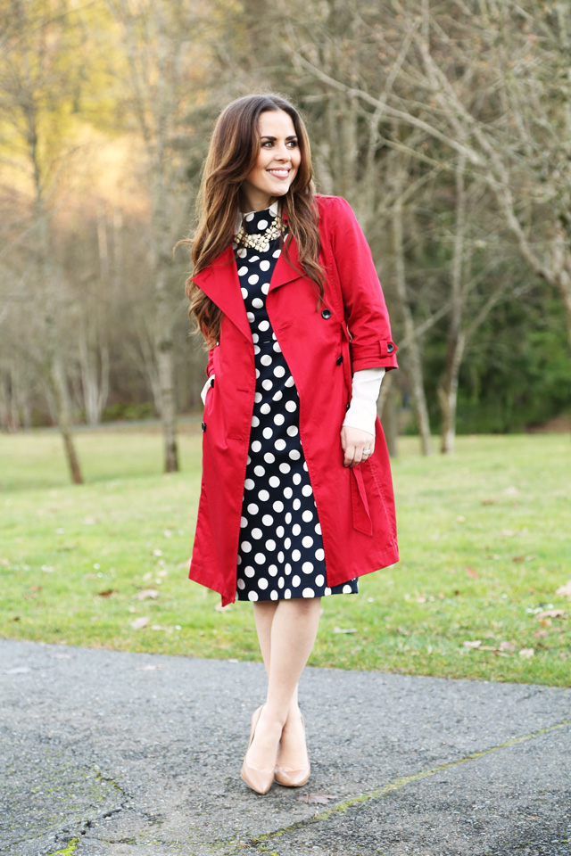 polka dot dress and a red trench