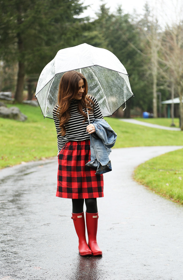 red buffalo plaid skirt, striped turtleneck, denim jacket