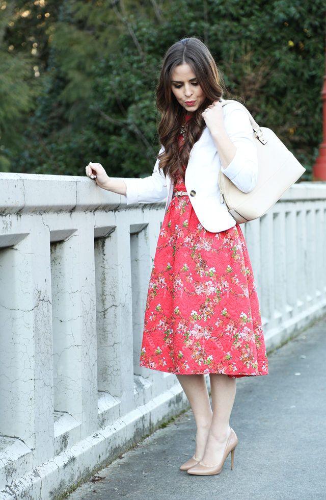 floral asos dress with a white blazer