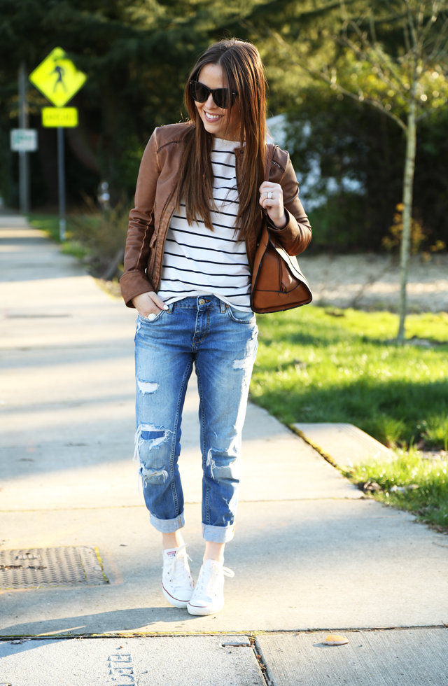 spring momiform distressed denim stripes bomber jacket