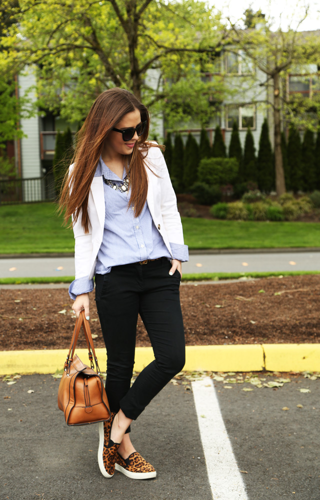 black crops, striped top with leopard pops