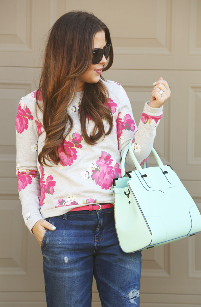 bright pink floral sweatshirt mint bag