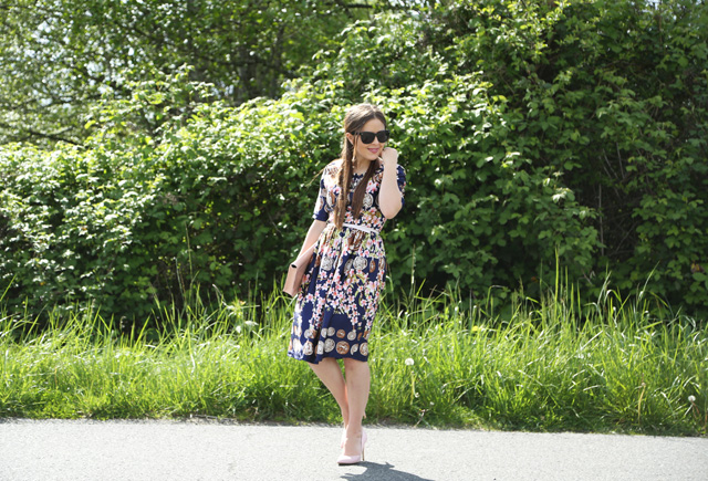 floral fit and flare dress with pink accessories