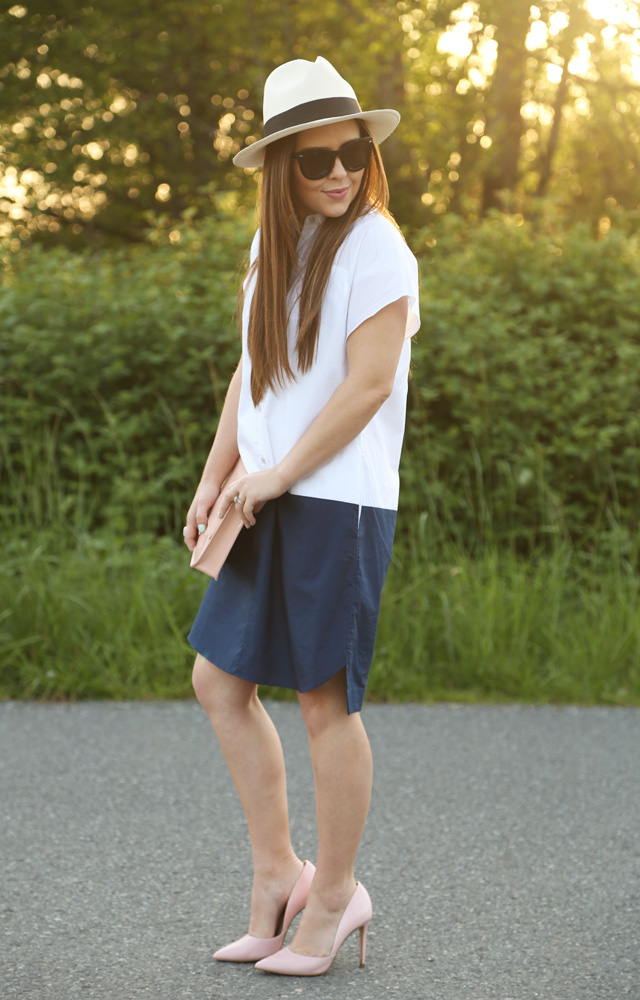 colorblock shirtdress and pink accents