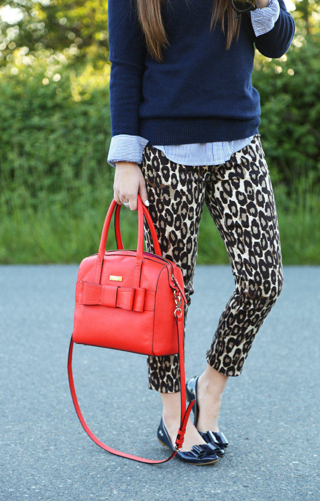 leopard pants red kate spade bag