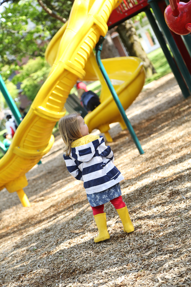 striped jacket and yellow boots for littles