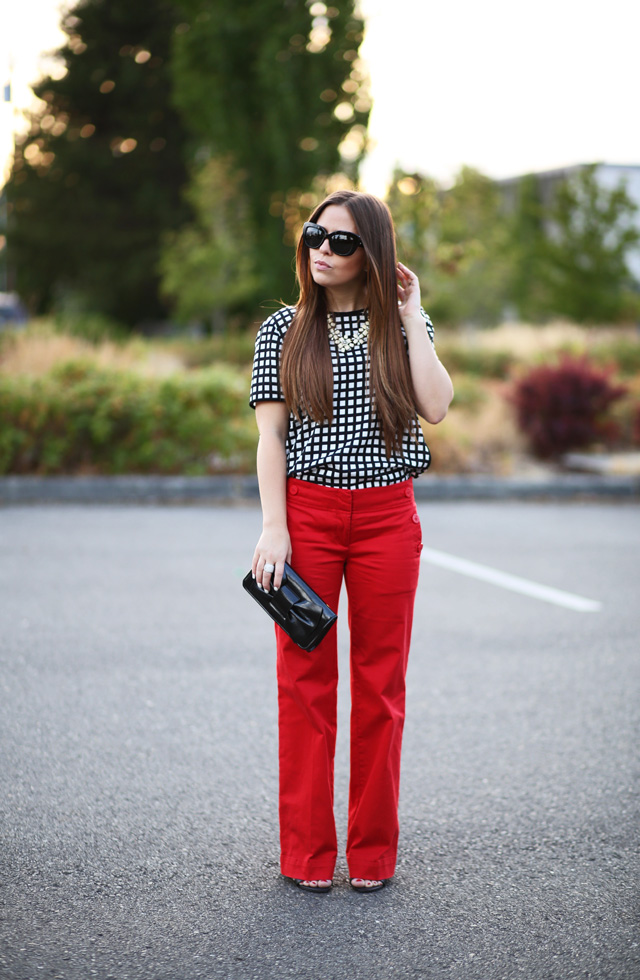 red pants window pane top