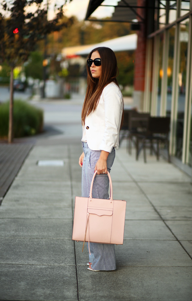 seersucker pants and a white blazer