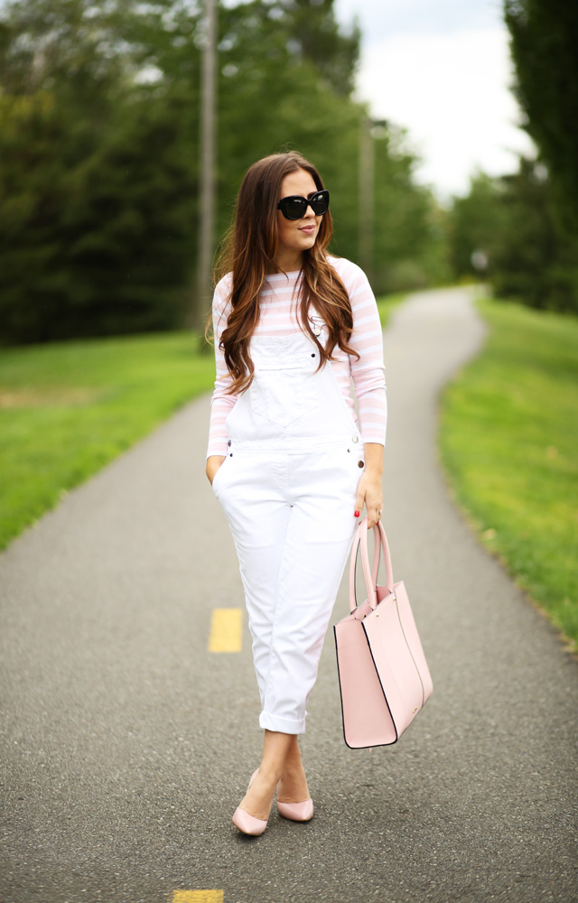 white overalls pink stripes