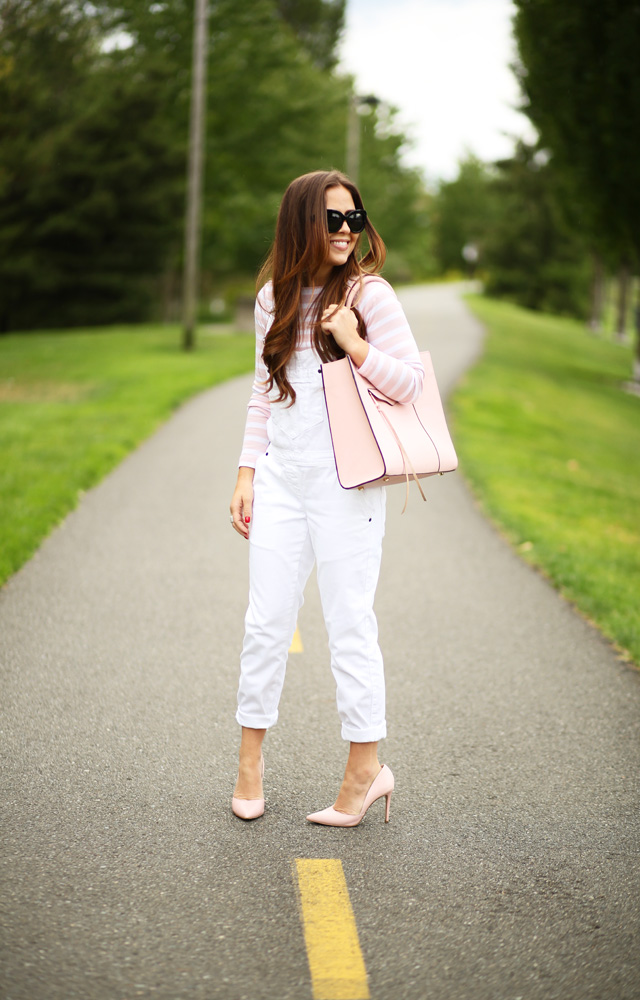 white overalls pink top