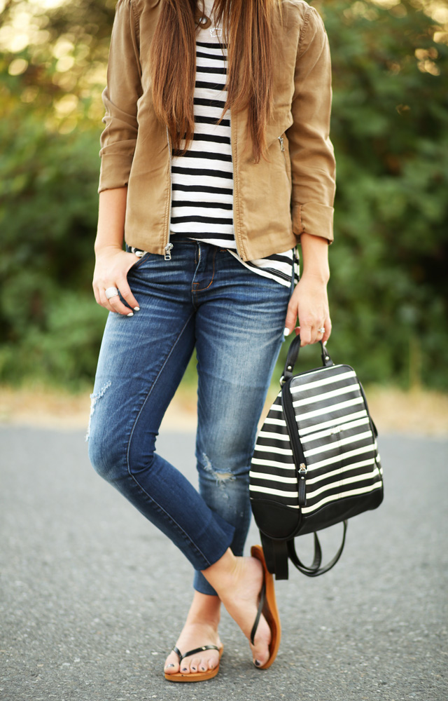 striped top and tan jacket