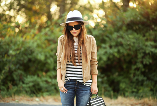 stripes and a tan jacket