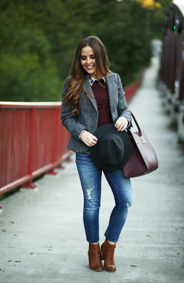 british tweed blazer and burgundy