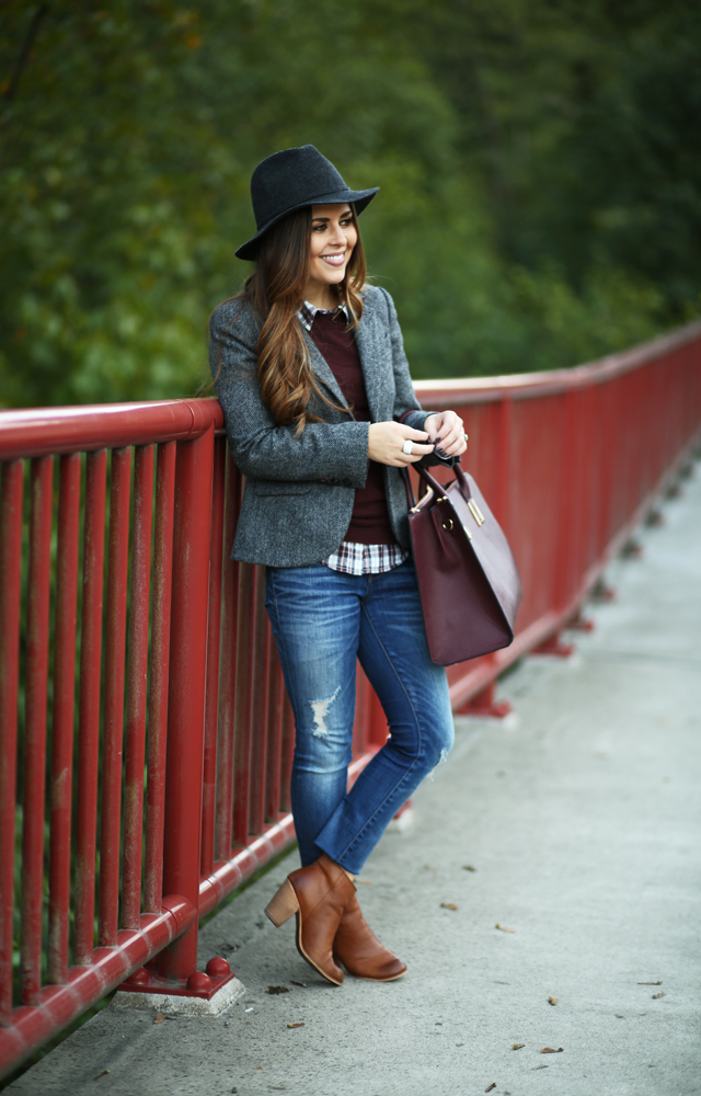 british tweed blazer plaid shirt marsala sweater