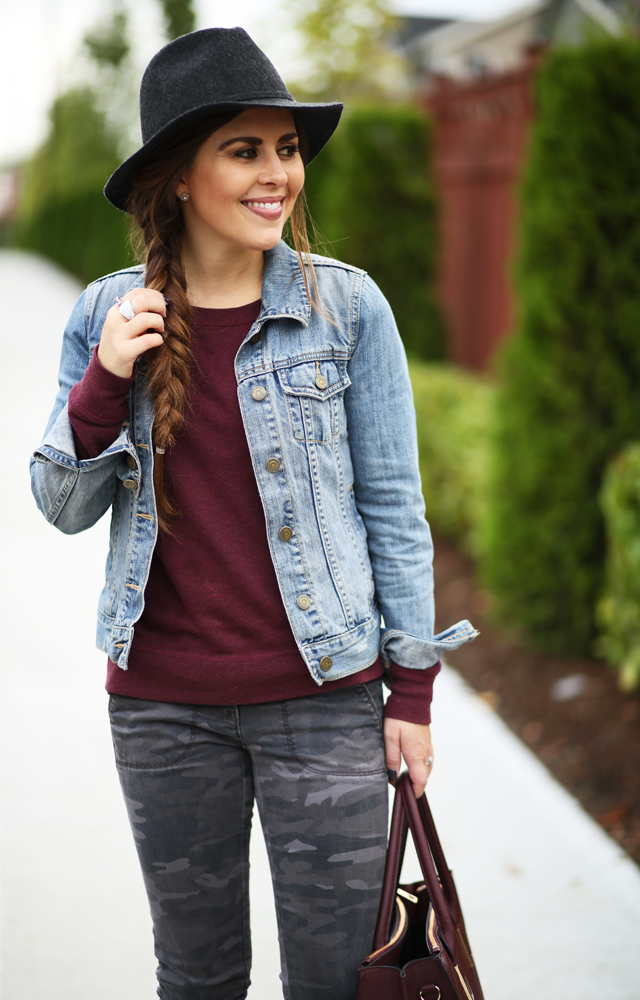 camo, burgundy, denim and felt