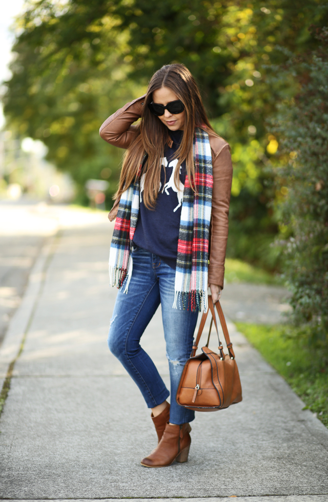 leather jacket boots sweater scarf