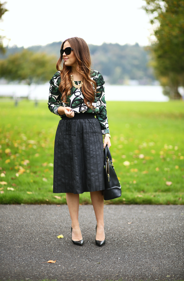 leather skirt and emerald palm print top