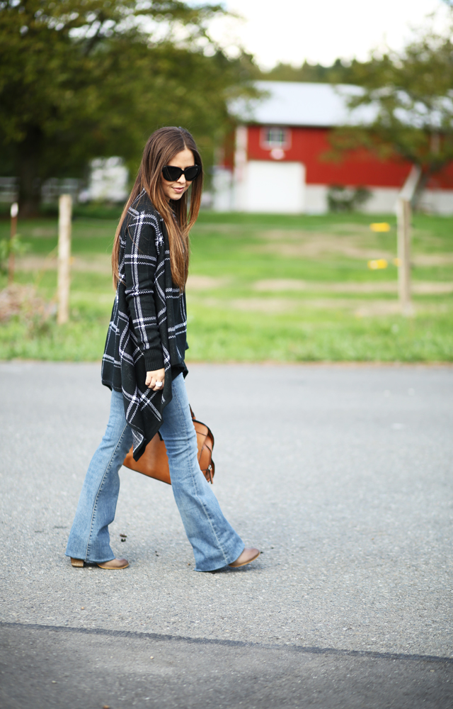 light wash flare jeans drapey cardigan