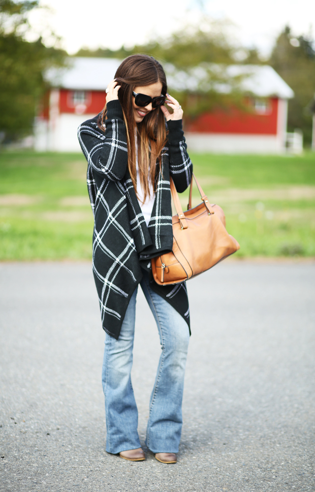 long black cardigan flared jeans