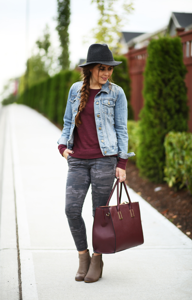 marsala and gray camo outfit