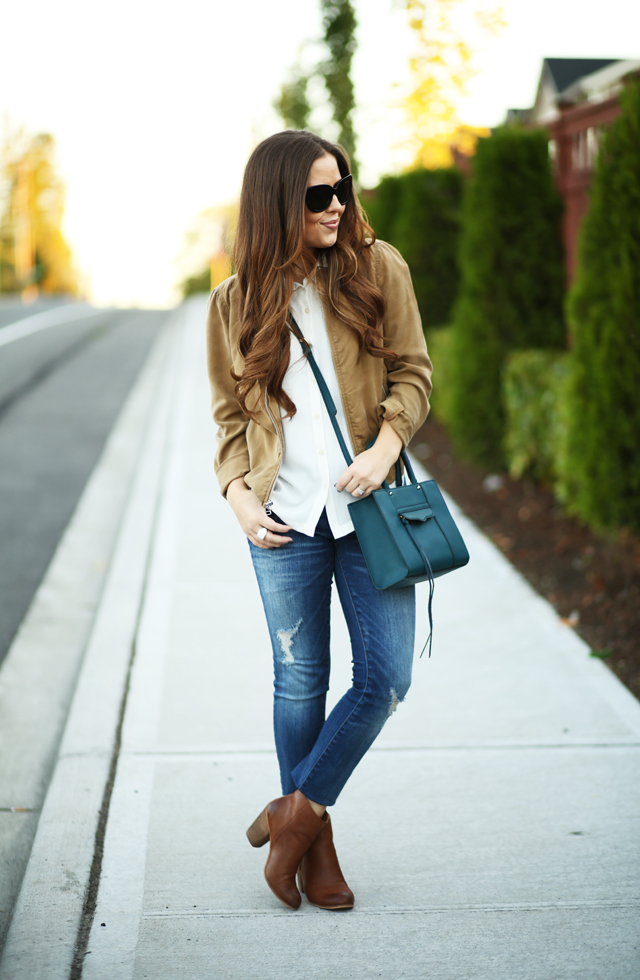 white blouse caramel jacket teal bag