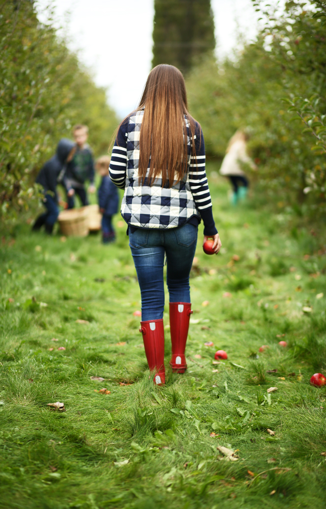 apple picking outfit plaid puffer vest and striped sweater red hunter boots