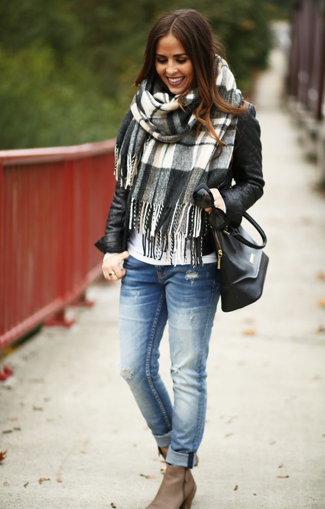 black leather jacket boyfriend jeans blanket scarf booties