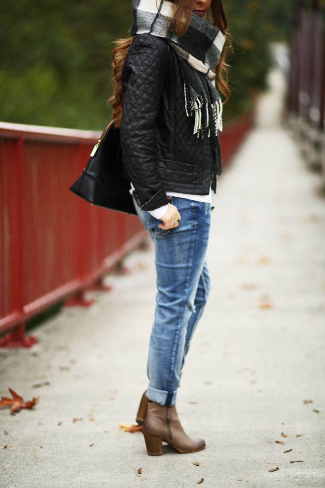 black leather jacket skinny ripped boyfriend jeans