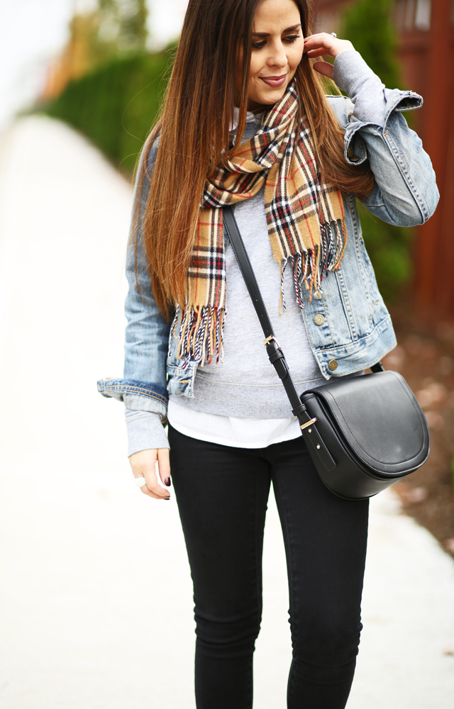 black saddle bag tartan scarf