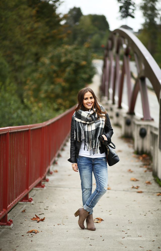 boyfriend jeans black leather jacket blanket scarf