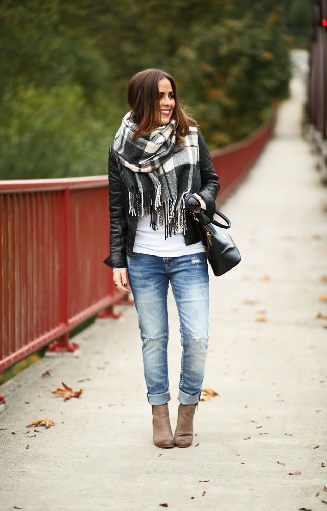 boyfriend jeans, leather jacket booties blanket scarf