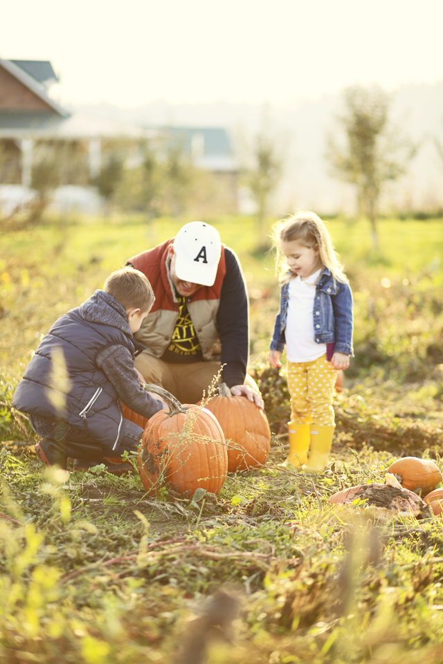 dad and kids in a pumpkin patch