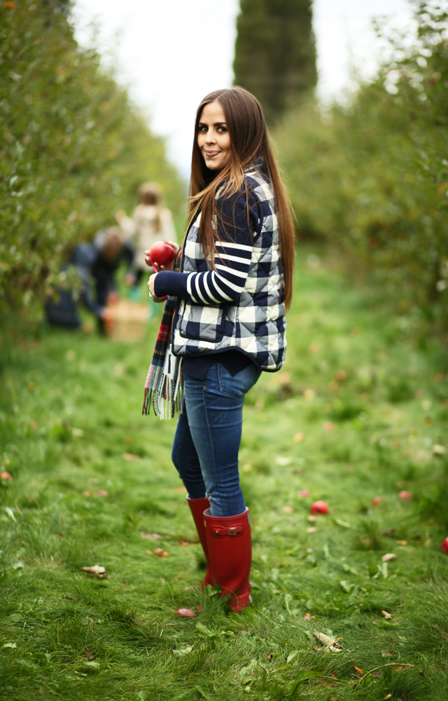 fall outfit buffalo check vest j crew striped sweater red boots