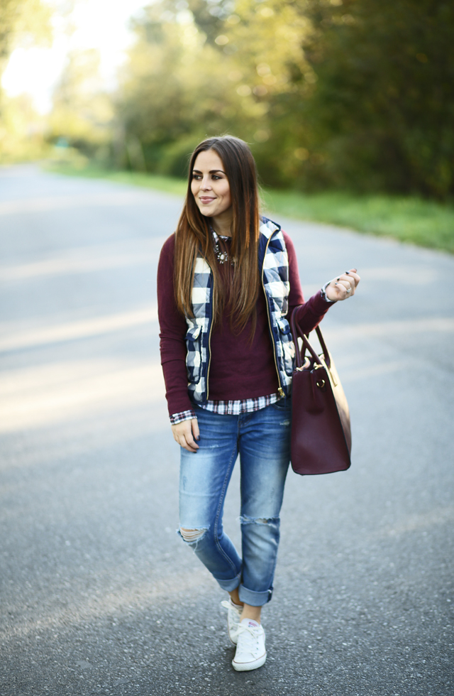 jcrew buffalo vest layered for fall