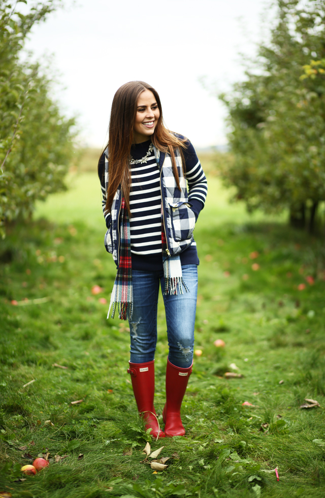 layered fall look.  navy buffalo vestm striped sweater red boots tartan scarf