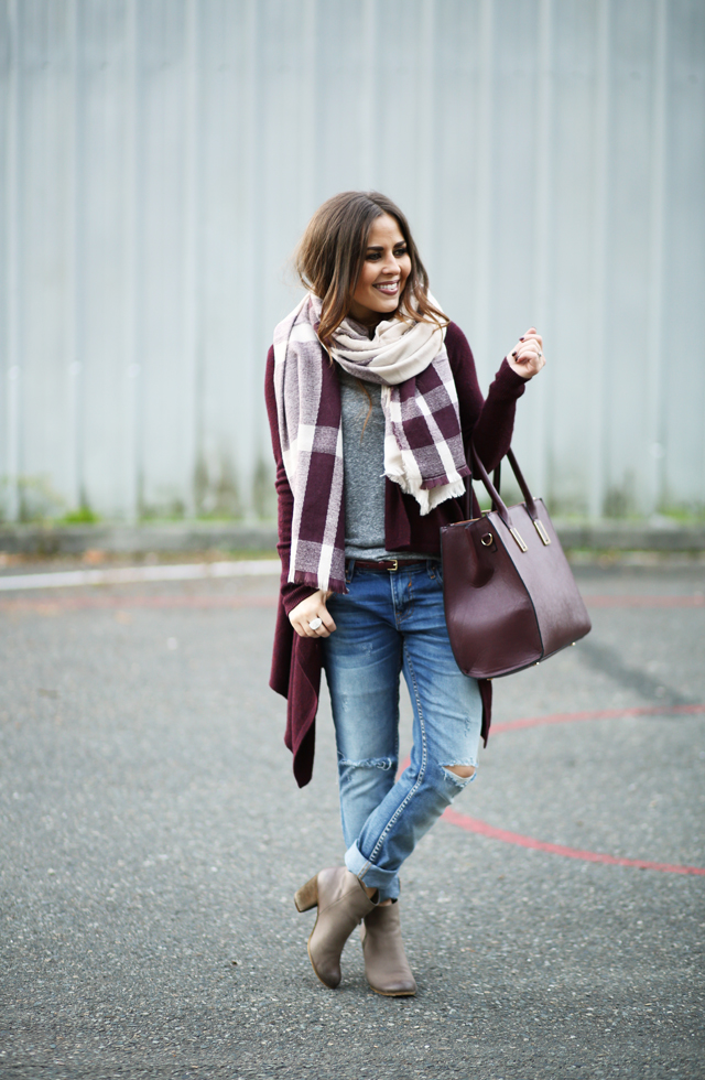 marsala plaid blanket scarf distressed denim waterfall cardigan