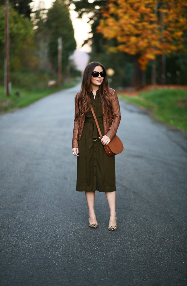 olive shirt dress cognac jacket leopard pumps