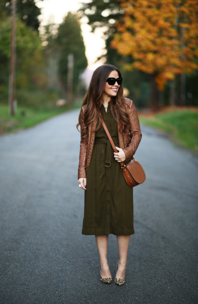 olive shirtdress cognac moto jacket leopard pumps