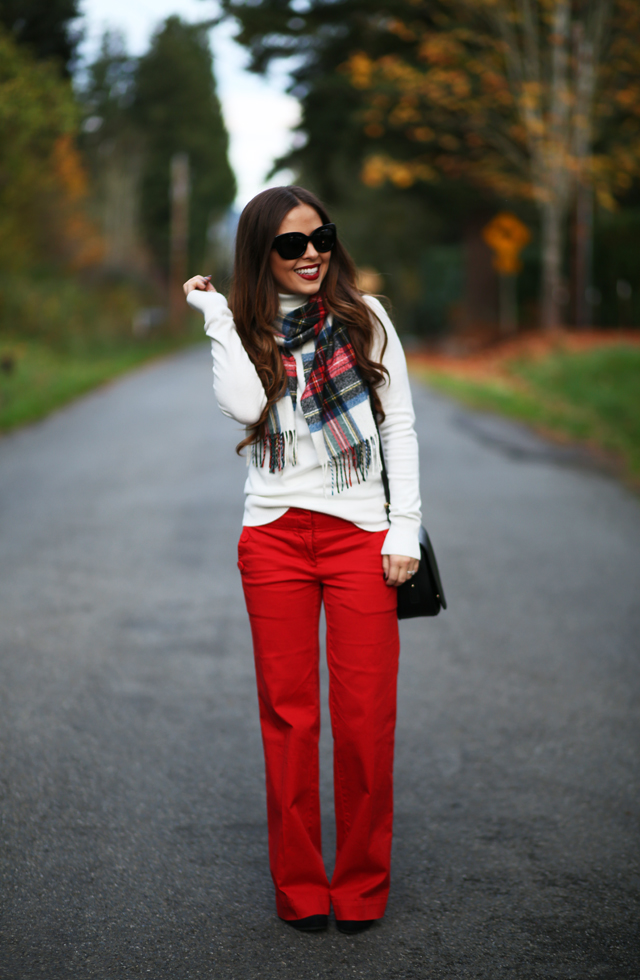 red pants white turtleneck sweater plaid scarf