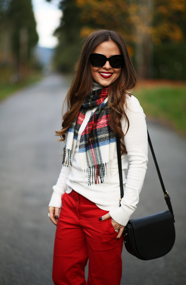 red tartan scarf red pants