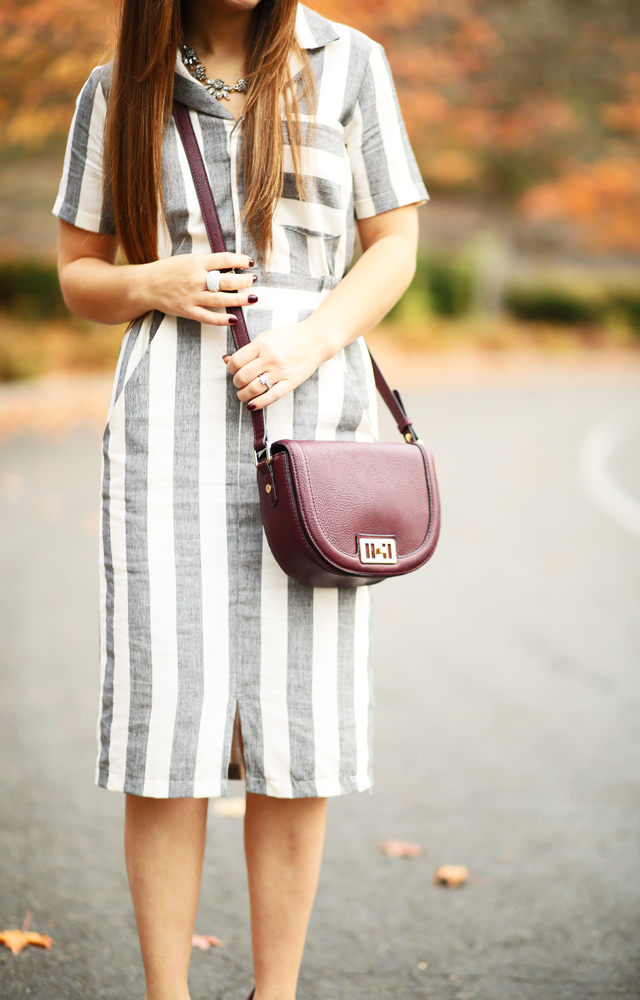 striped asos shirtdress pops of burgundy