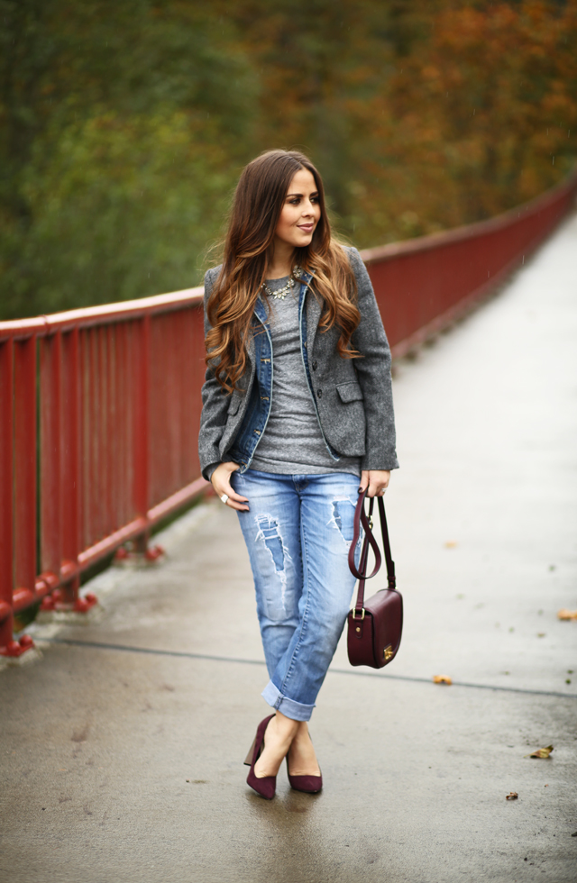 tweed herringbone boden blazer with distressed denim