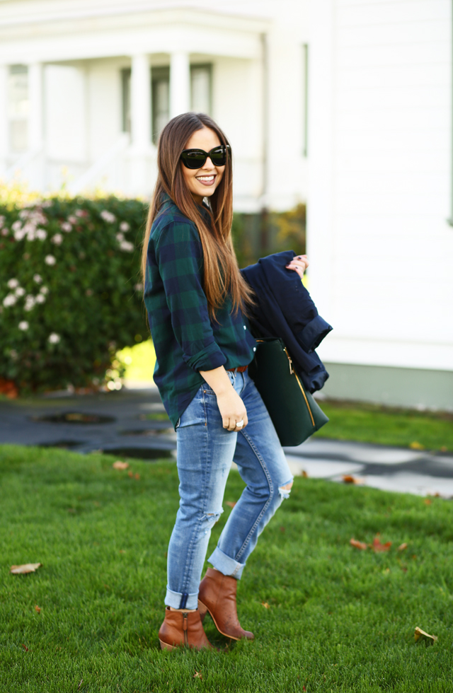 boyfriend jeans buffalo plaid shirt