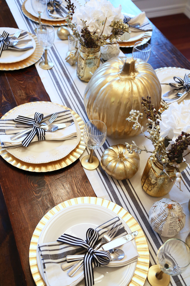 gold pumpkins and black and white stripes