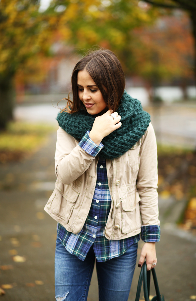 green cowl scarf khaki jacket